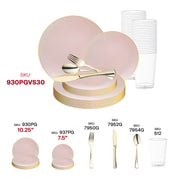 Enhance your celebration with a romantic and chic vibe using the Pink with Gold Organic Round Disposable Plastic Wedding Value Set, perfect for upscale dinners and elegant affairs.