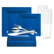 Enhance your celebration with the Midnight Blue Square Plastic Wedding Value Set, featuring silver cutlery for a luxurious, bold look