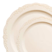 Enhance your dining experience with this elegant Ivory Vintage Round Disposable Plastic Dinnerware Set, featuring a charming vintage design