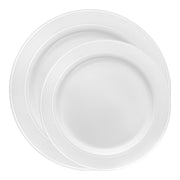 Enhance your dining experience with this elegant White with Silver Edge Rim Plastic Dinnerware Set, featuring a sophisticated design