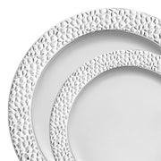 Enhance your dining experience with this elegant White with Silver Hammered Rim Plastic Dinnerware Set, featuring a sophisticated design