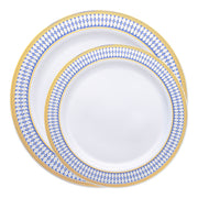 Enhance your dining experience with this elegant white dinnerware set, featuring blue and gold chord rim accents