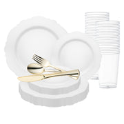 Enhance your event with the Solid White Round Blossom Disposable Plastic Wedding Value Set, offering a clean and elegant design that complements any celebration