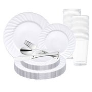 Enhance your event with the White Flair Plastic Wedding Value Set featuring silver cutlery for modern elegance