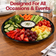 Event-ready black plastic serving tray ideal for coordinated setups with matching black plates and cutlery.