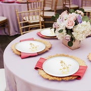 Event-ready plastic plates with gold floral rim shown layered with matching charger plates