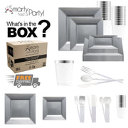 Expertly crafted from BPA-free, recyclable plastic, the Silver Square Disposable Plastic Tableware Set promotes eco-luxe dining