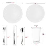 Expertly crafted from premium, BPA-free recyclable plastic, this White with Silver Antique Floral Round Disposable Plastic Wedding Value Set provides a sophisticated and eco-conscious choice, ensuring both style and sustainability for your event