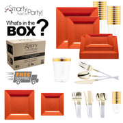 Expertly made from BPA-free, recyclable plastic, the Burnt Orange Square Disposable Tableware Set offers sustainable dining with style