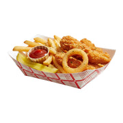 Extra-durable and safe 2 lb red plaid paper food trays, high-quality grease-resistant boats for serving heavy fried chicken and fries combos.