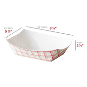 Extra-durable and safe 3 lb red plaid paper food trays, high-quality grease-resistant disposable boats for serving heavy meals like large nachos and wing combos.