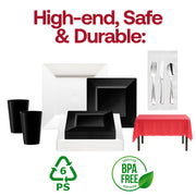 Fan-favorite design meets classy details in this fancy black, red, and white dinnerware set.