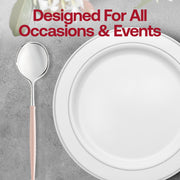 Fancy 8-inch silver plastic spoons with stylish pink handles, perfect for upscale dining and special occasions