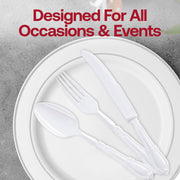 Fancy White Baroque plastic cutlery set with intricate detailing, perfect for upscale dining and events, case of 480