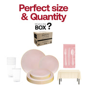 Fancy baby shower tableware featuring gold-rimmed pink plates, ivory tablecloths, and crystal-clear cups for stylish party settings.