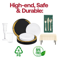 Fancy black and gold disposable dinnerware for stylish game night or gala vibes.