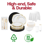 Fancy black chargers, gold cutlery, and white napkins give The Hollywood Hangover Package a sophisticated, high-end look.