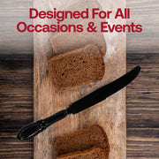 Fancy black plastic dinner knives with an intricate Baroque handle, 9 inches long, perfect for luxurious dining experiences