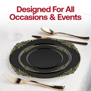 Fancy black plastic salad plates with a gold decorative design, round 7.5-inch size, disposable, pack of 120