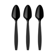 Fancy black plastic spoons with a sleek design, perfect for upscale dining events and formal gatherings.