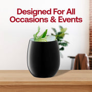Fancy black stemless plastic wine glasses, 12 oz, featuring a sleek and modern design for upscale celebrations