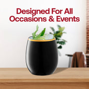 Fancy black stemless plastic wine glasses with gold trim, 12 oz, adding sophistication to celebrations, toasts, and formal occasions
