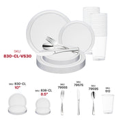 Fancy clear disposable plastic tableware set with sleek round plates and cups, adding sophistication to any celebration.