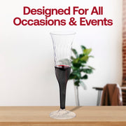 Fancy clear plastic champagne flutes with a sleek, stemmed design, 5 oz. capacity, ideal for upscale weddings, toasts, and elegant gatherings