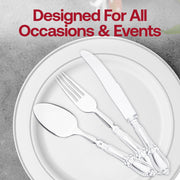 Fancy clear plastic cutlery set with intricate Baroque detailing, perfect for stylish and upscale occasions