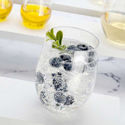 Fancy clear plastic wine glasses with a stemless design, 16 oz size, disposable for easy cleanup; 64-pack