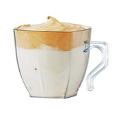Fancy clear square plastic mini cups with a modern and sophisticated design, 2 oz. capacity, ideal for serving gourmet espresso or tea at upscale events