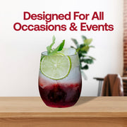 Fancy clear stemless plastic wine glasses, 12 oz, featuring an elegant design perfect for upscale parties and celebrations