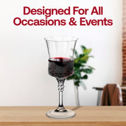 Fancy crystal cut plastic wine goblets with an 11 oz capacity, featuring an intricate design and 48 goblets per pack.