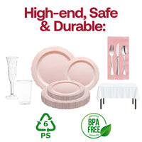 Fancy dinnerware set with pink tones and silver accents perfect for milestone events.