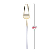 Fancy disposable forks featuring gold prongs and contemporary white handles, each measuring 8.4", in a bulk pack