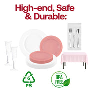 Fancy fuchsia salad plates and milk white dinnerware elevate the vibe for a glamorous night in