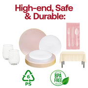 Fancy gold-accented pink plates and coordinated flatware make this dinnerware set ideal for stylish celebrations