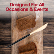 Fancy gold Moderno disposable plastic dinner knives accented with sophisticated black handles, ideal for upscale events