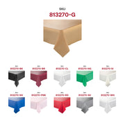 Fancy gold disposable plastic tablecloth with a refined, luxurious look, 54 x 108 inches, perfect for upscale parties and events.