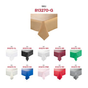 Fancy gold disposable plastic tablecloth with a refined, luxurious look, 54 x 108 inches, perfect for upscale parties and events.
