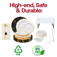 Fancy gold marble charger plates and crystal-clear champagne flutes make The Golden Hour Package perfect for upscale events