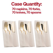 Fancy gold plastic cutlery set in a neatly folded white napkin, adding a touch of sophistication to weddings and special occasions.