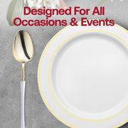Fancy gold plastic dinner spoons featuring modern white handles, ideal for upscale parties, weddings, and events