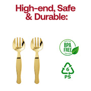 Fancy gold plastic serving forks, 9.75 inches, stylish and ideal for weddings, receptions, and upscale gatherings, pack of 60.