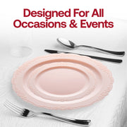 Fancy pink 10-inch vintage-style dinner plates in a 120-pack, disposable and crafted from durable plastic for events