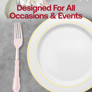 Fancy pink plastic dinner forks with intricate Baroque detailing, perfect for upscale dining and events