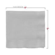 Fancy shimmering silver cocktail napkins, 10" x 10", featuring a metallic sheen to enhance any upscale bar or party setting.