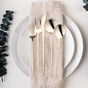 Fancy shiny gold Moderno plastic dinner spoons, 8.1 inches, featuring a sleek, luxurious design, perfect for upscale dining