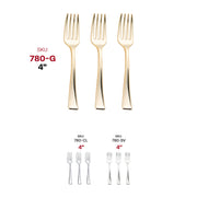 Fancy shiny metallic gold mini plastic tasting forks, 4 inches, adding a touch of luxury to appetizers and desserts, case of 600.