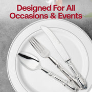 Fancy silver Baroque-style plastic cutlery set with intricate detailing, perfect for upscale dining, weddings, and formal events